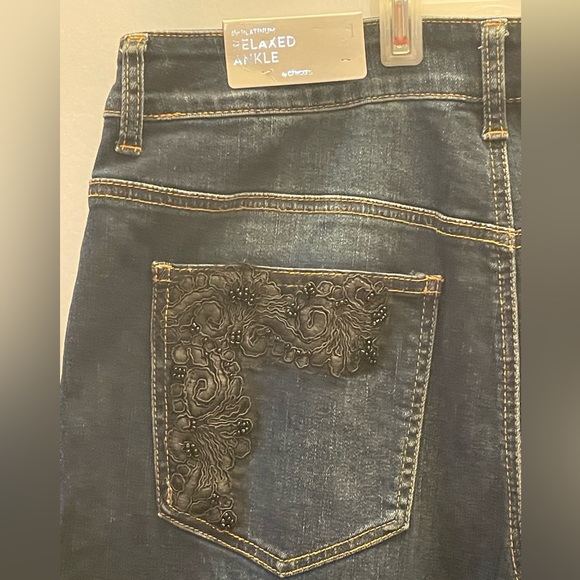Chicos Size 1 Reg.Platinum Relaxed Ankle Dark Wash Beaded Lace Jeans, US Size 8 - Picture 2 of 11